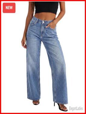 Women's High Waisted Baggy Straight Leg Wide Leg Jeans Denim Pants with Pockets